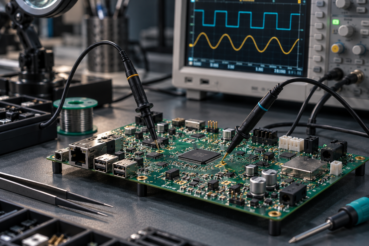 Oscilloscope probes attached to PCB test points with waveforms visible in the background.